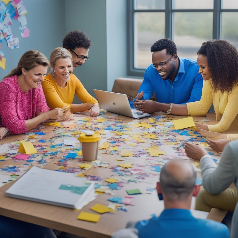 Illustrate a vibrant, collaborative scene: diverse coworkers gathered around a large, puzzle-piece-covered table, engaged in energetic discussions, with colorful whiteboards, sticky notes, and creative props surrounding them.