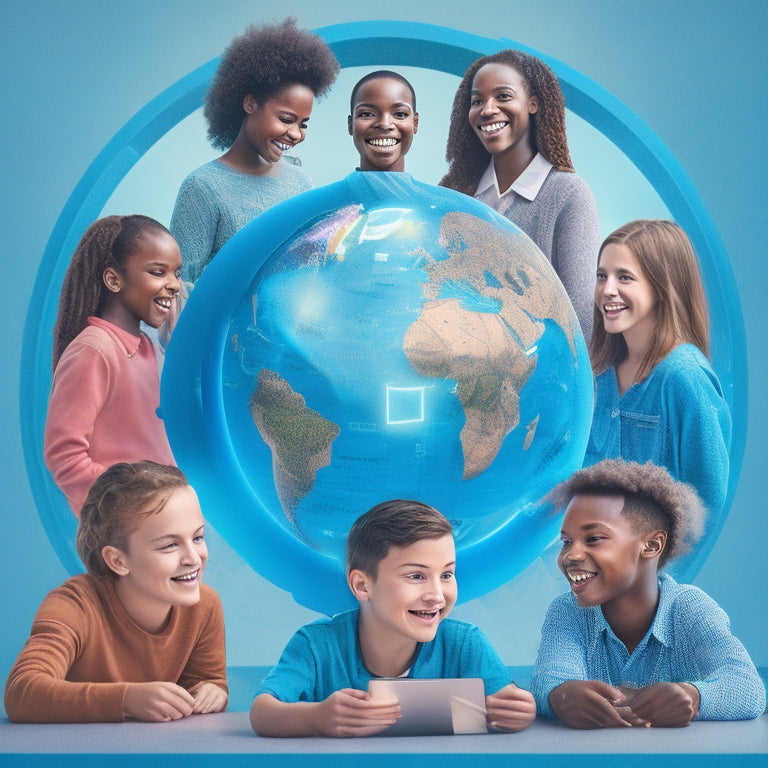 A futuristic, minimalist illustration featuring a circle of diverse, smiling students of different ages and abilities surrounding a glowing, 3D globe with math symbols and formulas swirling around it.