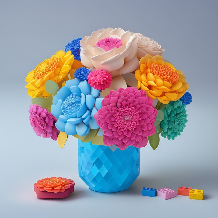 A colorful, intricately designed 3D flower bouquet composed of building blocks, set against a soft, white background, with individual petals and leaves constructed from tiny, interlocking cubes.
