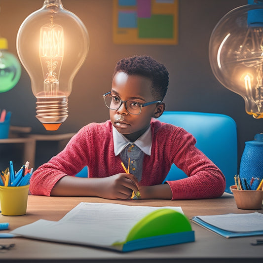 A colorful illustration of a confident 4th-grade student sitting at a desk, surrounded by worksheets and pencils, with a subtle background of math symbols and equations, and a thought bubble with a lightbulb moment.