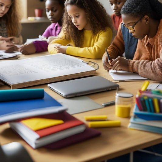 A colorful, clutter-free desk with a few scattered math textbooks, a pencil case, and a laptop open to a math homework help website, surrounded by calm, focused students in the background.