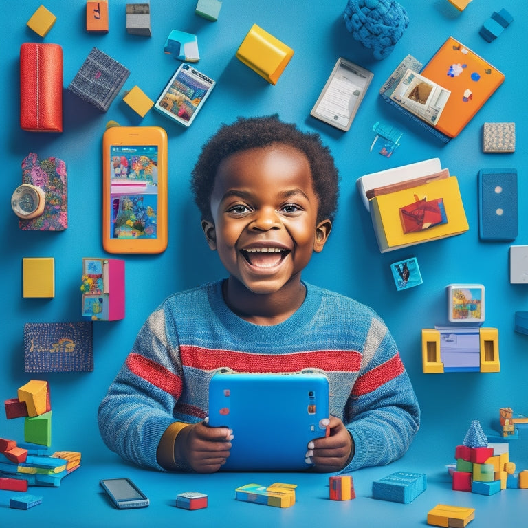 A colorful illustration of a happy child surrounded by various tablets and smartphones, each displaying different educational apps, amidst a background of building blocks, books, and learning tools.