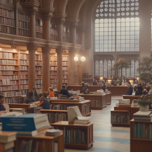 A serene, well-lit library with rows of shelves filled with books in diverse colors and languages, surrounded by students of different ages, cultures, and abilities, engaged in various learning activities.