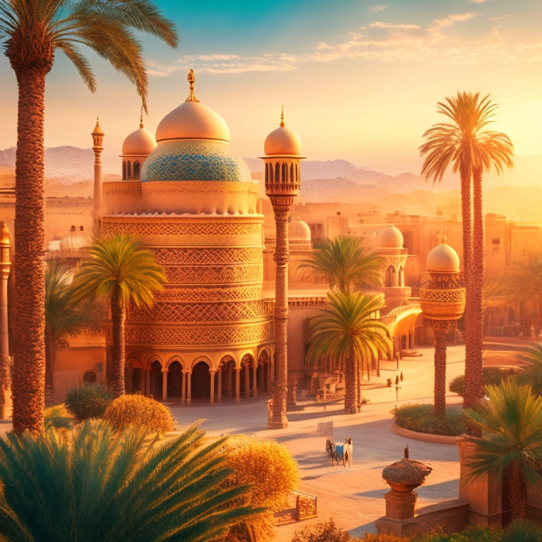 A warm, golden-lit illustration of a whimsical, stylized ancient Middle Eastern cityscape with towering palm trees, intricate stone architecture, and vibrant, dynamic biblical characters in motion.