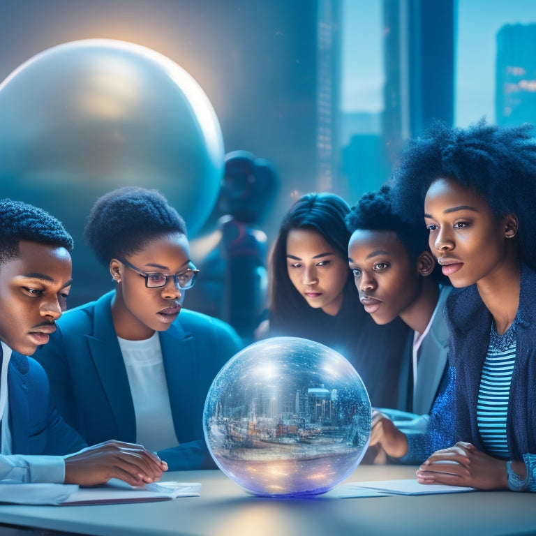 An illustration of a diverse group of students gathered around a futuristic, glowing orb, surrounded by robots, coding screens, and 3D models, with a blurred cityscape in the background.