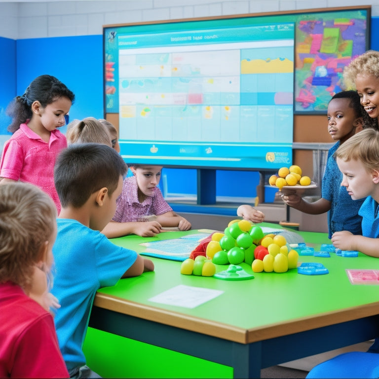 A colorful, clutter-free classroom scene with 2nd-grade students gathered around a large, interactive touchscreen display showing a math problem, surrounded by scattered manipulatives and math games.