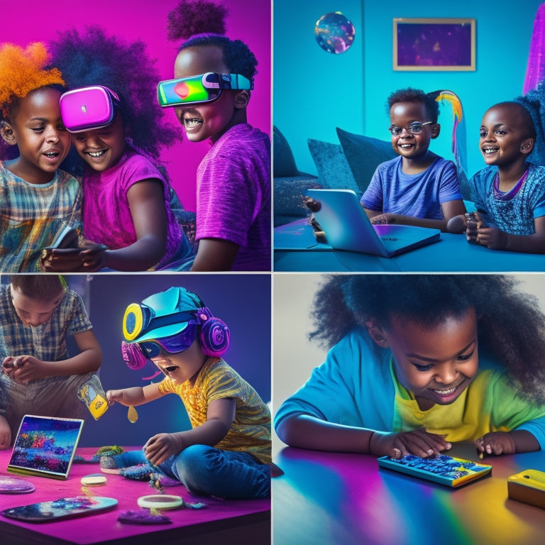 A colorful illustration of diverse special needs children engaging in virtual activities: one using a tablet for painting, another playing virtual reality games, and a third participating in a virtual dance party.