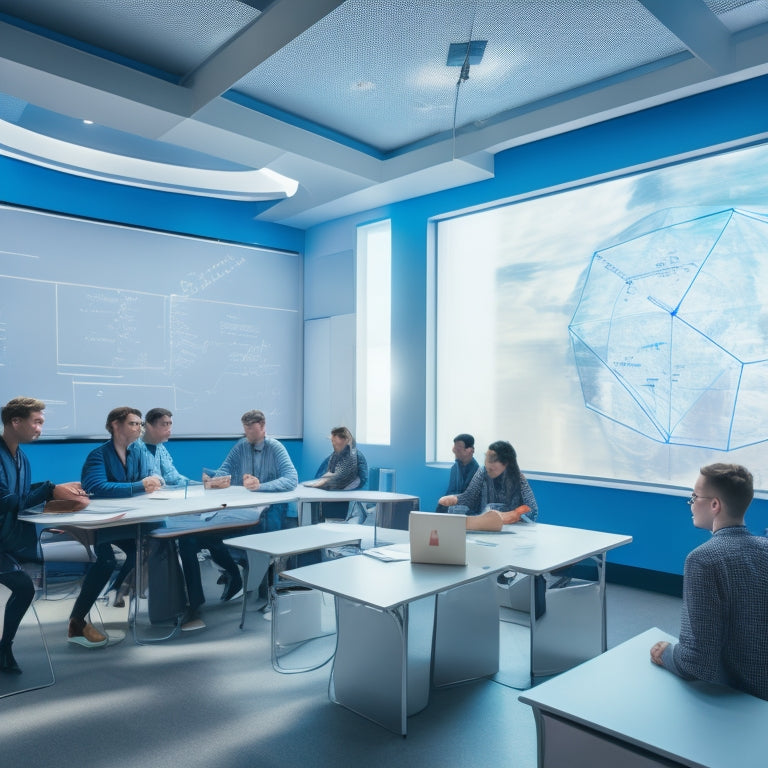 A futuristic math classroom with virtual whiteboards, 3D geometric shapes, and students wearing VR headsets, surrounded by coding scripts and mathematical formulas projected on walls and floating in mid-air.