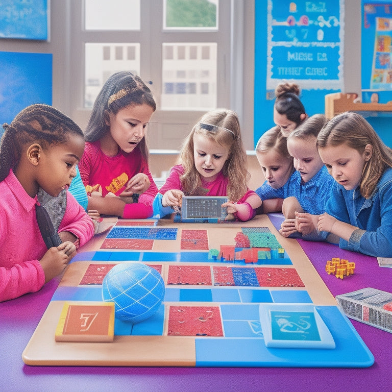 A colorful illustration of a 3rd-grade classroom with students engaged in digital math puzzles on tablets, surrounded by math-related objects like geometric shapes, abacuses, and calculators.