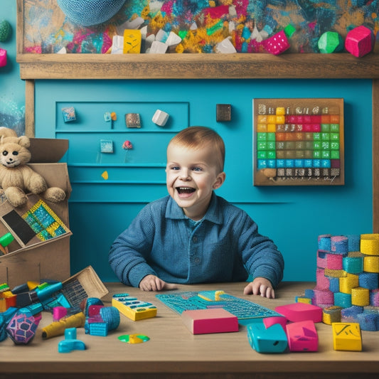 A colorful illustration of a smiling child surrounded by scattered math-themed toys and objects, such as a calculator, geometry shapes, and dice, amidst a subtle background of chalkboard equations.