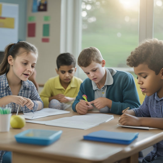 A serene, well-lit classroom with a few shy students in the background, while a confident young learner in the foreground engages with a tablet, surrounded by colorful digital learning tools and subtle, uplifting decorations.