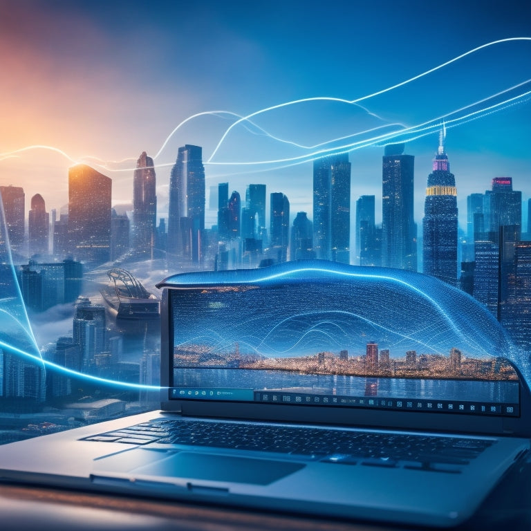 A futuristic, curved graph line bursting out of a laptop screen, surrounded by swirling clouds of connected devices, with a subtle cityscape in the background, symbolizing exponential growth.