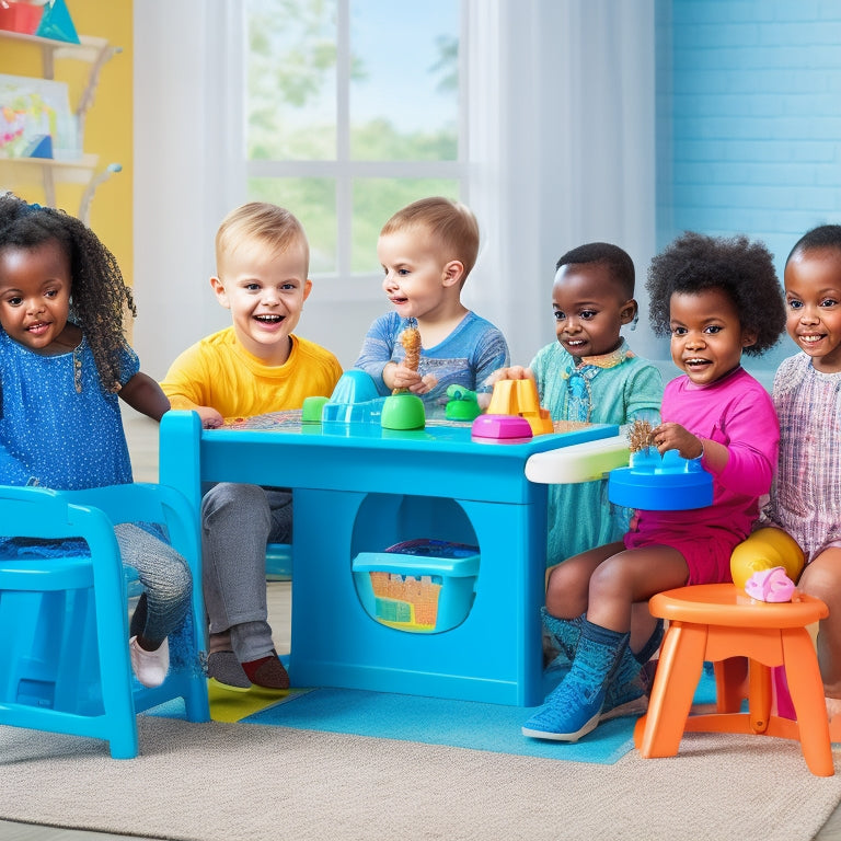 A colorful, clutter-free play area featuring the Vtech Activity Desk, surrounded by happy, curious toddlers with diverse skin tones and hairstyles, engaging with various interactive toys and learning tools.