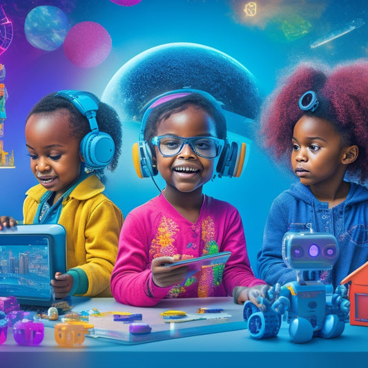 A colorful, whimsical illustration of diverse children aged 4-12 engaging with various interactive learning tools, including tablets, robots, and augmented reality headsets, amidst a futuristic, high-tech background.