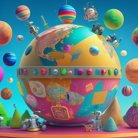 A colorful, whimsical illustration featuring a smiling cartoon globe surrounded by orbiting planets, robots, and math symbols, with a subtle background of circuit boards and coding lines.