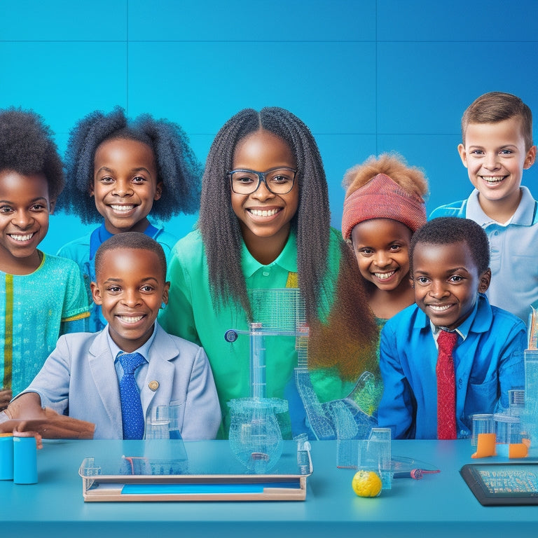 An illustration featuring a diverse group of smiling children aged 8-12 surrounded by virtual science experiment tools, calculators, and tablets with interactive graphs and molecules, set against a bright blue background.