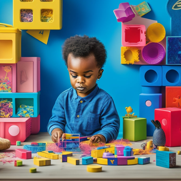 A colorful illustration of a young child surrounded by various math learning tools, including counting blocks, shape sorters, and number lines, amidst a playful, clutter-free background with subtle math-inspired patterns.