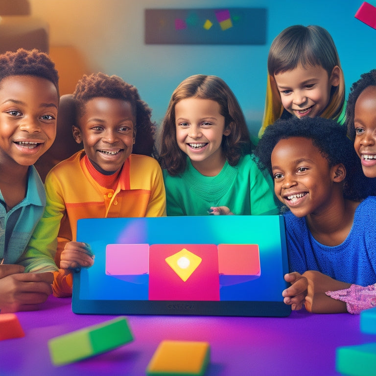 A vibrant, colorful illustration of a diverse group of happy elementary school students gathered around a large, glowing tablet, surrounded by math-related objects like blocks, shapes, and abacuses.