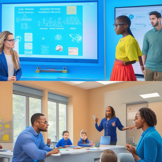 A split-screen image featuring a virtual math classroom on one side, with avatars of diverse students interacting with a 3D geometric shape, and a teacher guiding them from a virtual whiteboard.