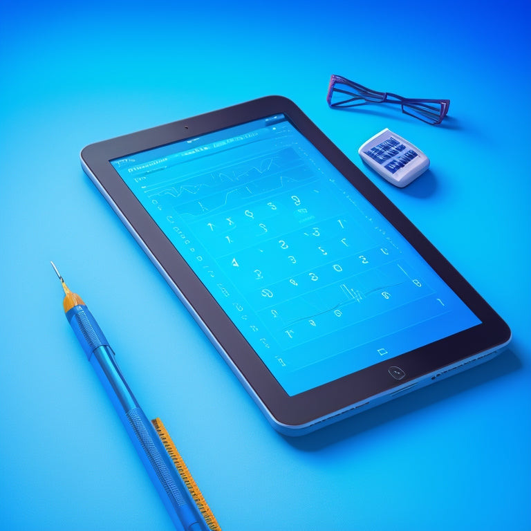 A digital tablet with a stylus hovering above, surrounded by scattered algebraic equations and graphs on a bright blue background, with a subtle grid pattern and faint calculator keys.