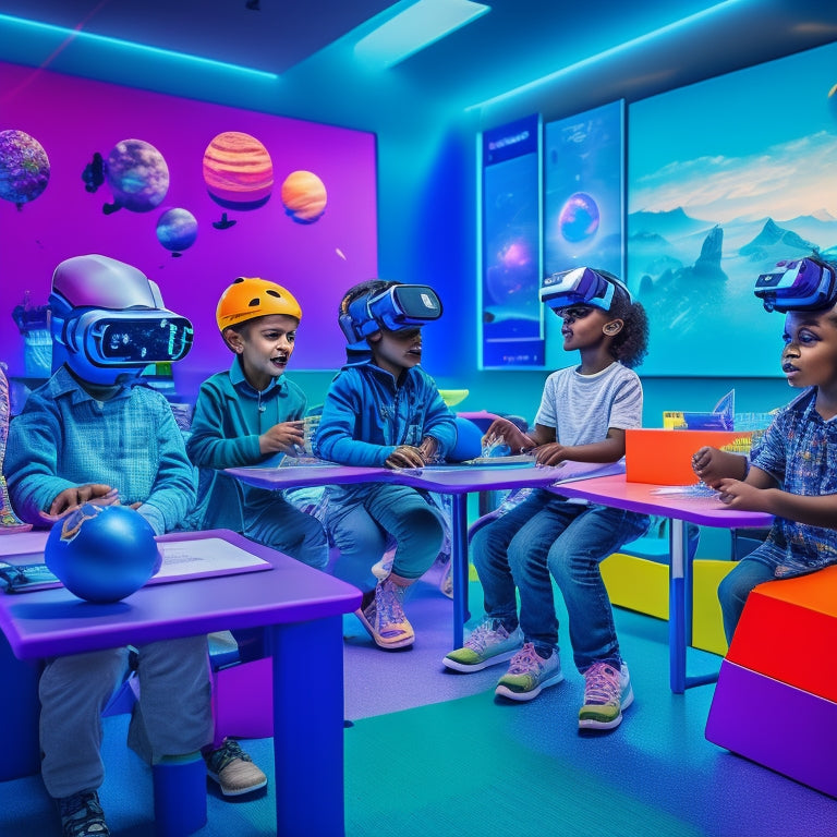 A colorful, futuristic classroom with diverse kids (ages 6-12) wearing VR headsets, surrounded by virtual planets, robots, and 3D models, with subtle glowing lines and circuits on the walls.