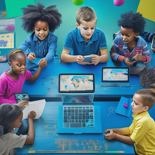 A colorful illustration of diverse kids aged 6-12, surrounded by laptops, tablets, and interactive whiteboards, engaged in various math activities, with gears, graphs, and equations floating in the air.