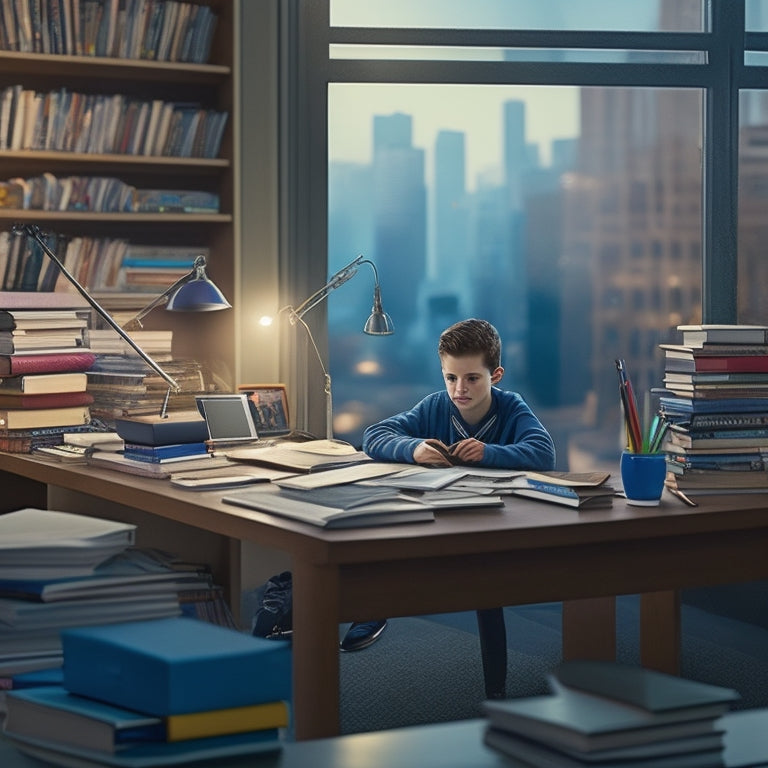 An illustration of a 6th grader sitting at a cluttered desk surrounded by textbooks, pencils, and a laptop, with a subtle background of a subtle cityscape or library shelves.