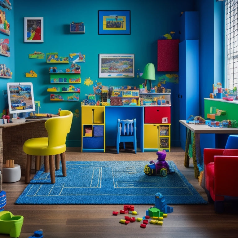 A colorful, clutter-free playroom with a 6-year-old child surrounded by various toys, including building blocks, a microscope, a puzzle, and a tablet with educational apps on the screen.