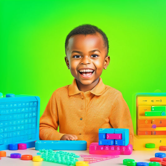 A colorful illustration of a happy 1st grader surrounded by various math games and tools, such as a abacus, number lines, shape blocks, and a math-themed puzzle, on a bright green background.