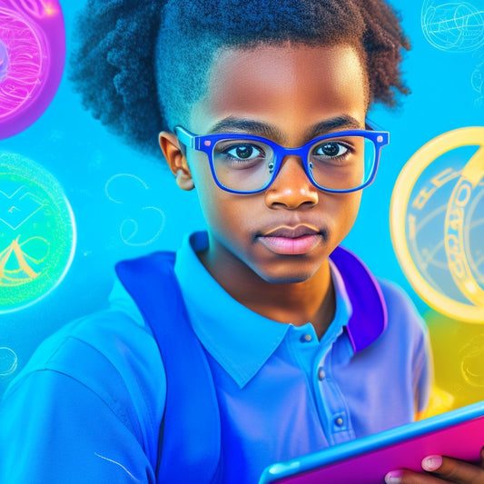 A colorful illustration of a middle school student, eyes wide with excitement, surrounded by swirling math symbols and equations, with a tablet or smartphone in hand, set against a bright, gradient blue background.