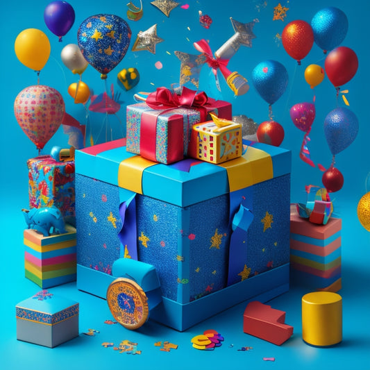 A colorful, whimsical illustration of a giant, ornate gift box overflowing with diverse educational toys, puzzles, and games, set against a bright blue background with confetti and balloons.