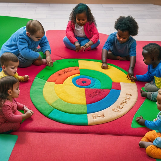 A colorful, clutter-free background with a diverse group of 4-6 preschoolers, aged 3-5, gathered around a large, circular, interactive learning mat featuring numbered squares and shapes.