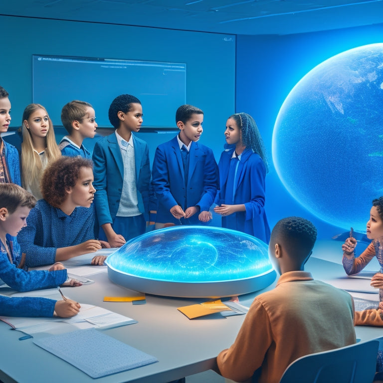 A futuristic classroom with a transparent holographic screen displaying 3D math models, surrounded by diverse students engaged and collaborating, with laptops and tablets open to interactive math software.