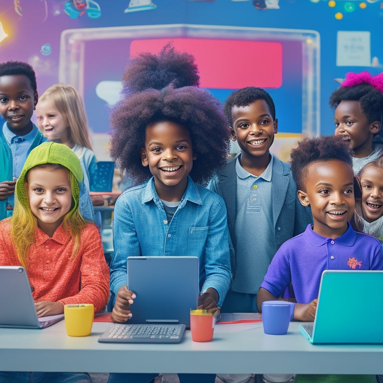 An illustration of a diverse group of happy children, ages 6-12, surrounded by laptops, tablets, and educational gadgets, amidst a colorful, futuristic classroom with interactive screens and robots.