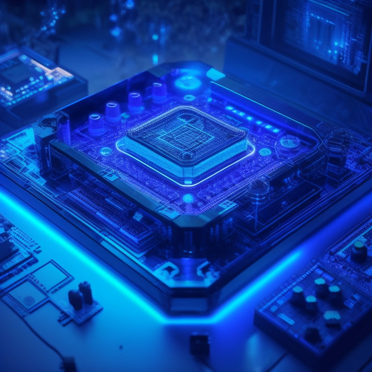 A futuristic, neon-lit game console with glowing blue circuit boards, surrounded by swirling fractal patterns, cryptic code snippets, and fragmented game characters, set against a dark, gradient background.