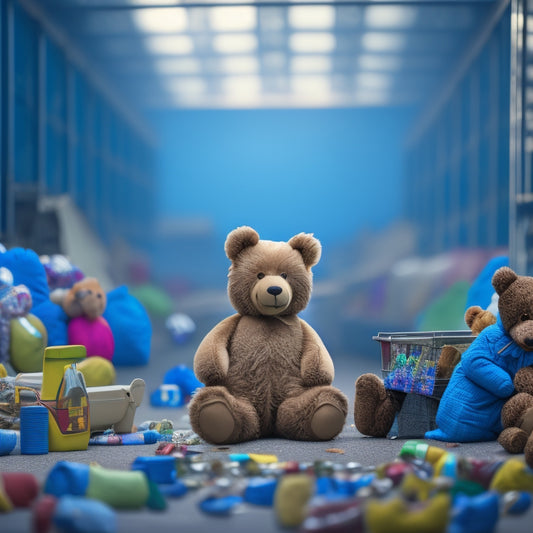 A whimsical illustration of a teddy bear standing on a recycling symbol, surrounded by discarded stuffed animals, with a factory-like background showing conveyor belts and machinery transforming old toys into new ones.