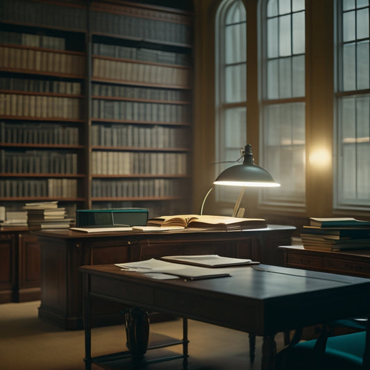 A dimly lit, empty university library with scattered papers and a single, unoccupied wooden desk, featuring a closed laptop with a cracked screen and a disconnected Ethernet cable.
