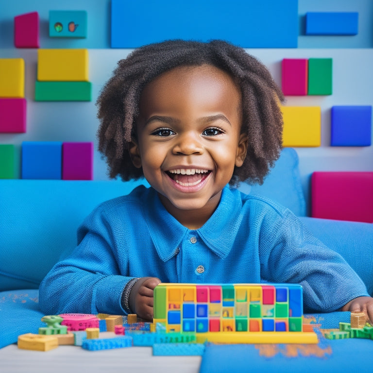 A colorful illustration of a smiling young child sitting in front of a tablet, surrounded by math-themed blocks and toys, with a puzzle piece fitting into place on the screen.