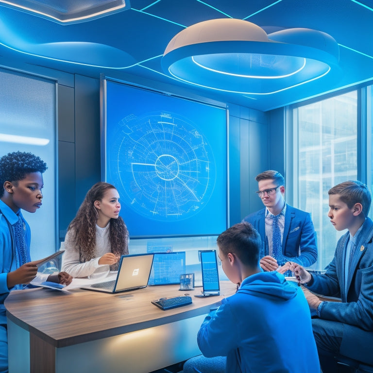 A futuristic high school classroom with students engaged on tablets, surrounded by swirling math symbols, formulas, and 3D graphs, illuminated by soft blue light, with a subtle grid pattern in the background.