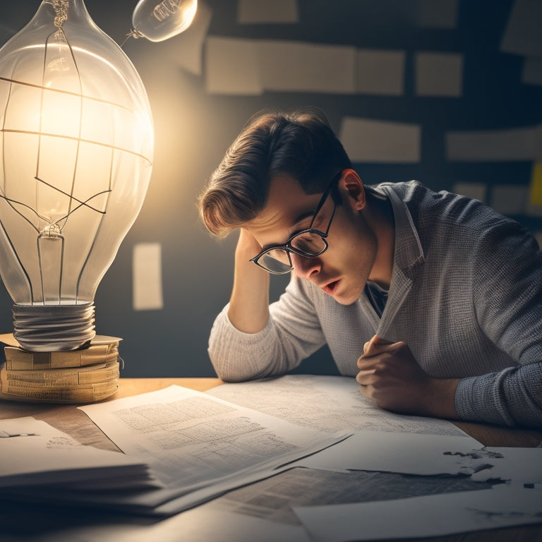 An illustration of a puzzled student surrounded by crumpled math papers, with a faint grid of numbers and equations in the background, and a subtle, glowing lightbulb hovering above their head.