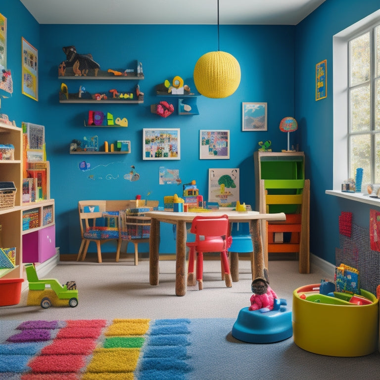 A colorful, clutter-free playroom with a toddler in the center, surrounded by various educational toys, including building blocks, shape sorters, and a kid-friendly microscope, with a subtle background of a chalkboard or bookshelf.