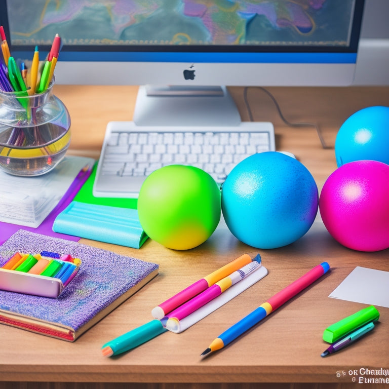 A colorful and organized desk scene with a laptop, tablet, and smartphone, surrounded by elementary school supplies, such as crayons, pencils, and a globe, with a subtle background of a classroom.