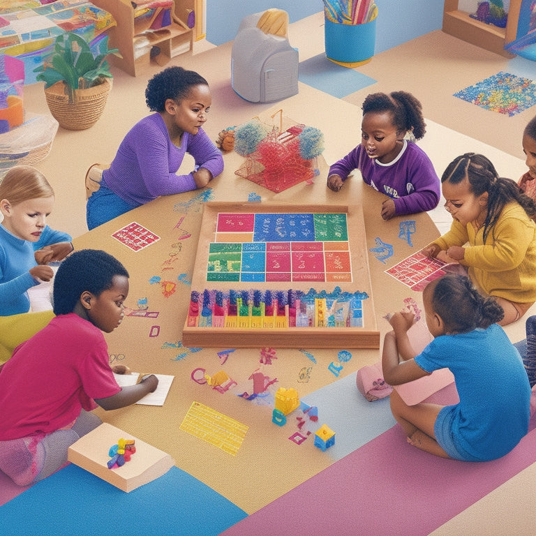 A colorful illustration of diverse special needs students of various ages and abilities engaging in math activities, surrounded by shapes, numbers, and visual aids in a supportive and inclusive classroom setting.