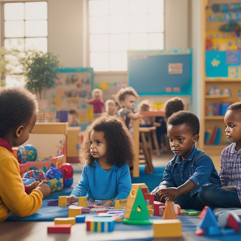 A vibrant, sun-lit kindergarten classroom filled with diverse children aged 5-6, engaged in various interactive learning activities, surrounded by colorful blocks, toys, and educational tools.