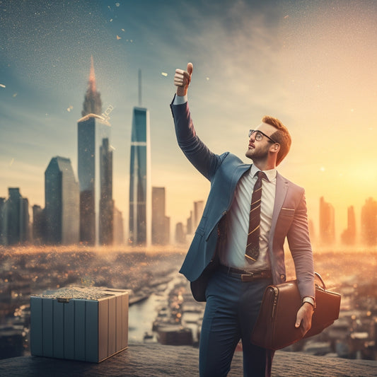 A triumphant businessman standing in front of a city skyline at sunset, holding a briefcase and giving a thumbs-up, surrounded by contracts and confetti raining down.