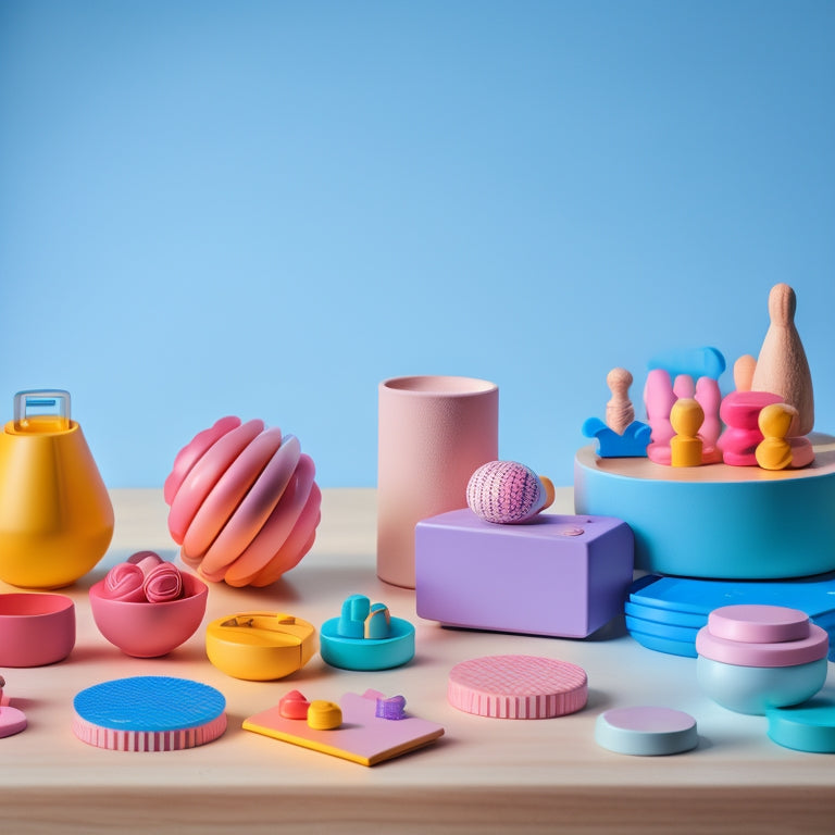 A colorful still life of various math toys and manipulatives, including a geometric shape sorter, a set of stacking cups, and a counting abacus, arranged on a wooden table surrounded by a subtle background of soft pastel colors.