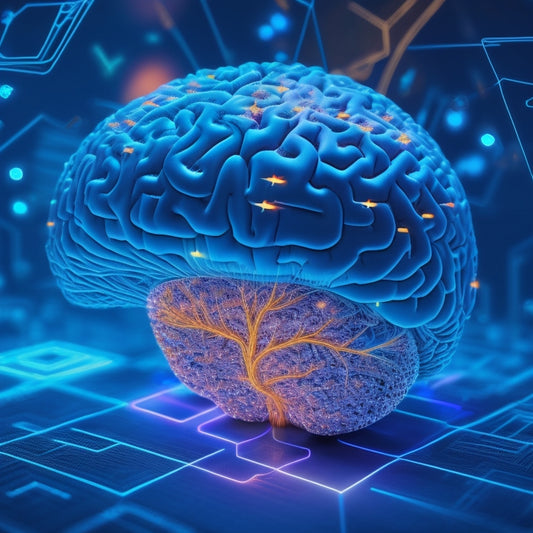 An intricate, futuristic brain with glowing blue circuits and pulsing orange neurons, surrounded by swirling mathematical symbols and geometric shapes, set against a dark, gradient blue background.