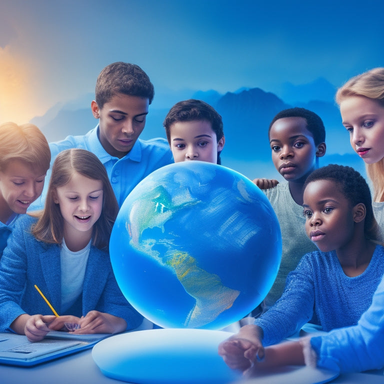 A globe with glowing blue lines and swirling white clouds, surrounded by diverse students of different ages and abilities, all engaged with tablets and laptops, amidst a subtle background of mountains and oceans.