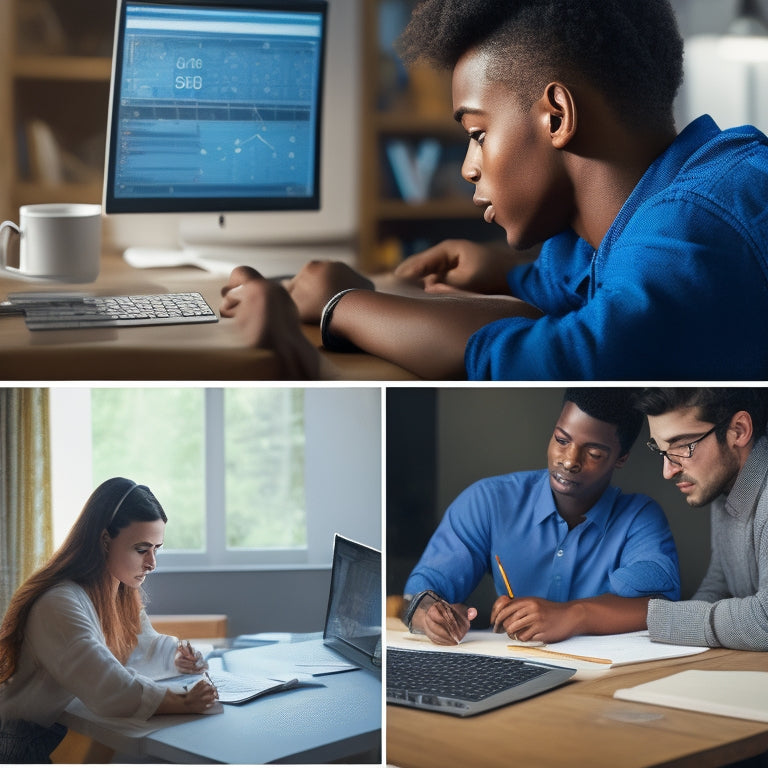 A split-screen image featuring a laptop on the left with a math problem-solving interface open, and a satisfied student on the right with a calculator and notebook, surrounded by scattered math worksheets and pencils.