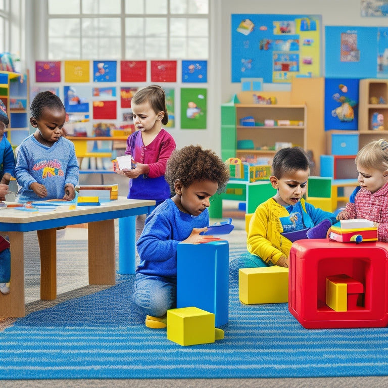 A colorful illustration of a kindergarten classroom with tablets and laptops displaying educational apps, surrounded by curious children engaging in interactive learning activities, amidst a backdrop of building blocks and toys.
